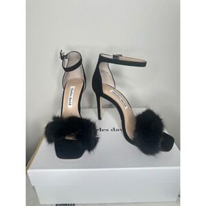 Charles David Black Suede Fur Heeled Sandals EMPOLI 7.5M NEW IN BOX